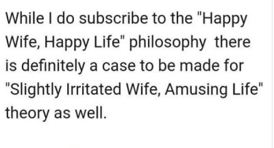 While I do subscribe to the "Happy Wife, Happy Life" philosophy there is definitely a case to be made for "Slightly Irritated Wife, Amusing Life" theory as well.