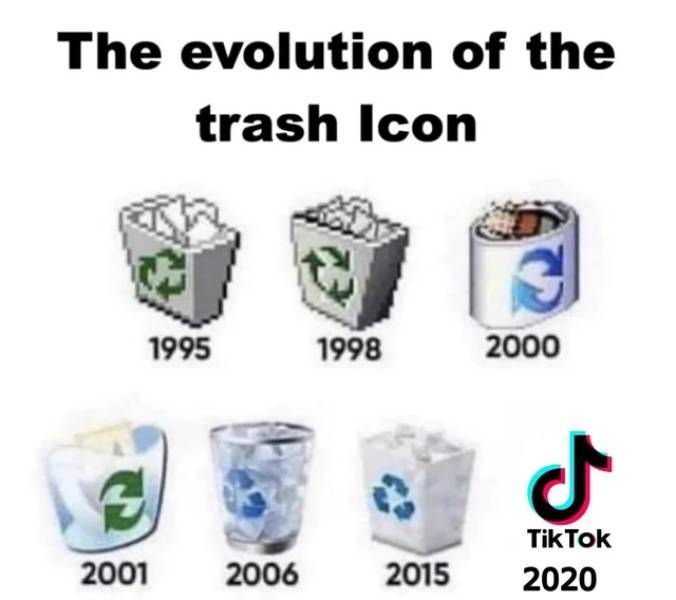funny memes - The evolution of the trash Icon 1995 1998 2000 d 2001 2006 2015 Tik Tok 2020