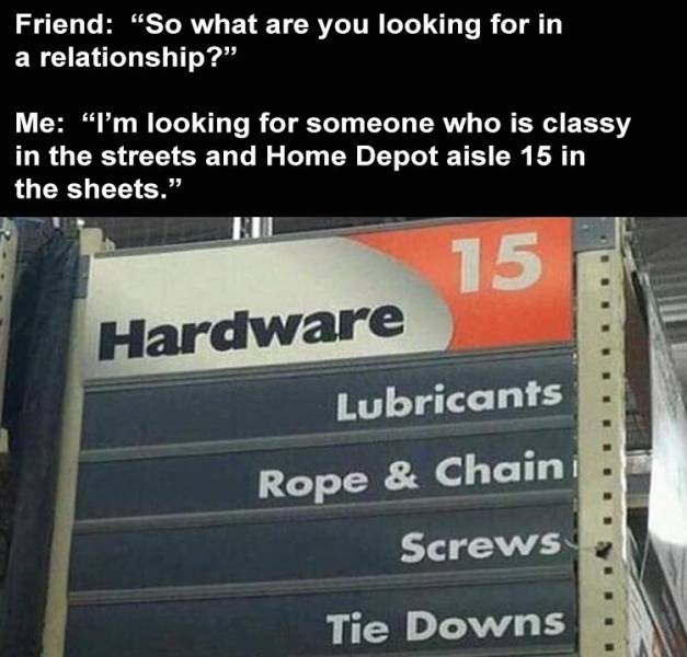 funny memes - Friend So what are you looking for in a relationship? me: I'm looking for someone who is classy in the streets and home depot aisle 15 in the sheets