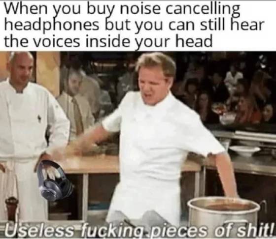 angry gordon ramsay meme - When you buy noise cancelling headphones but you can still hear the voices inside your head Useless fucking pieces of shit!