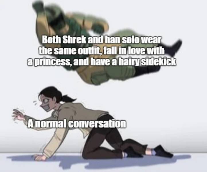 tall bottom meme - Both Shrek and han solo wear the same outfit, fall in love with a princess, and have a hairy sidekick A normal conversation