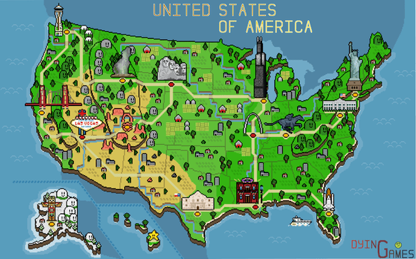 A retro pixel map of the USA! Included are some of the iconic monuments/locations.