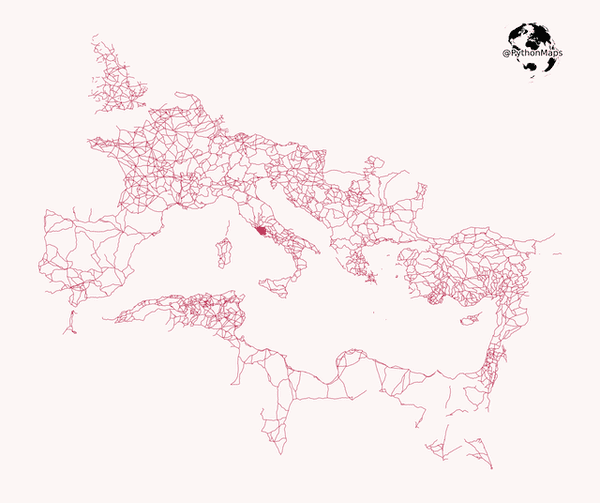 All roads lead to Rome. This map visualizes the famous roads built by the Roman empire. I have removed the land to highlight how far this empire spread its infrastructure.