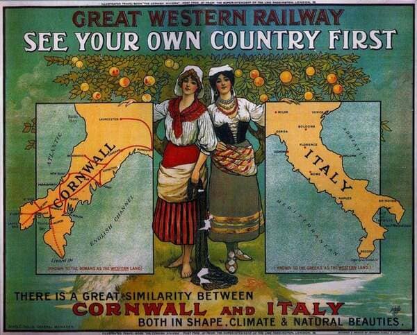 This 1907 British travel advertisement compares Cornwall to Italy.