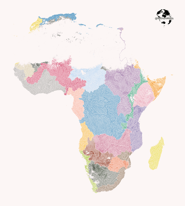 Here are all of the rivers and waterways in Africa, colored according to the major hydrological basins they are part of.