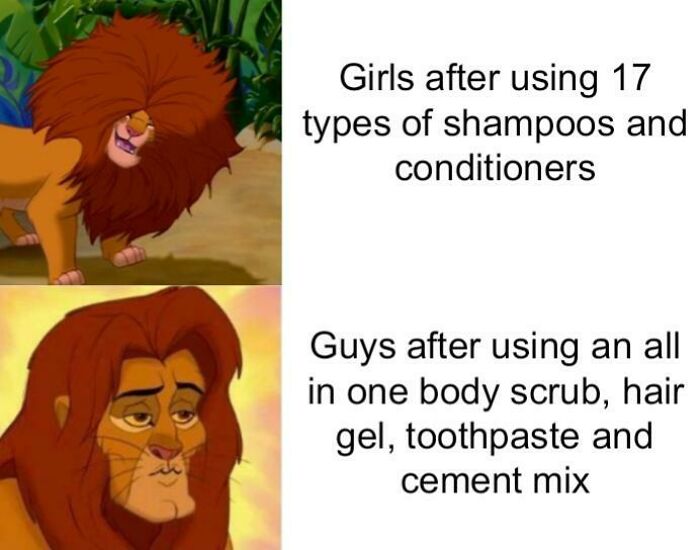 handsome simba meme - Girls after using 17 types of shampoos and conditioners Guys after using an all in one body scrub, hair gel, toothpaste and cement mix