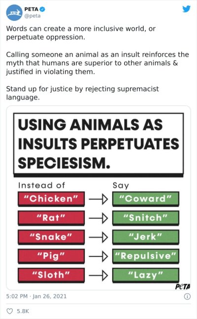 Good ole PETA is back at it again with another PSA for the world to mock. Recently, the company took to Twitter to “Stand up for justice by rejecting supremacist language”.