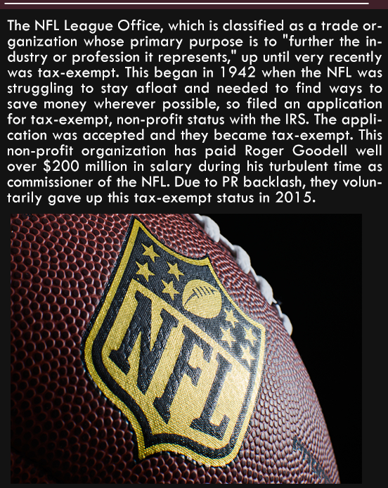 NFL - The Nfl League Office, which is classified as a trade or ganization whose primary purpose is to "further the in dustry or profession it represents," up until very recently was taxexempt. This began in 1942 when the Nfl was struggling to stay afloat 