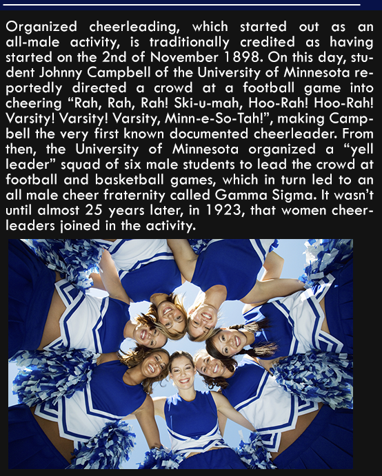 cheerleaders in circle - as an Organized cheerleading, which started out allmale activity, is traditionally credited as having started on the 2nd of . On this day, stu dent Johnny Campbell of the University of Minnesota re portedly directed a crowd at a f