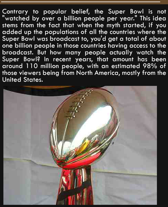 vince lombardi trophy - Contrary to popular belief, the Super Bowl is not "watched by over a billion people per year." This idea stems from the fact that when the myth started, if you added up the populations of all the countries where the Super Bowl was 