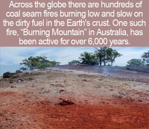 soil - Across the globe there are hundreds of coal seam fires burning low and slow on the dirty fuel in the Earth's crust. One such fire, "Burning Mountain" in Australia, has been active for over 6,000 years.