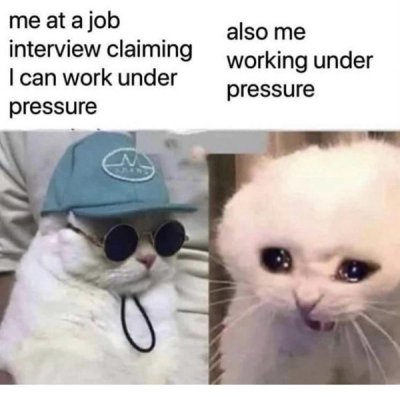 working under pressure meme - me at a job interview claiming I can work under pressure also me working under pressure
