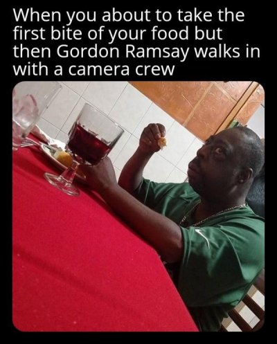 cursed twin - When you about to take the first bite of your food but then Gordon Ramsay walks in with a camera crew