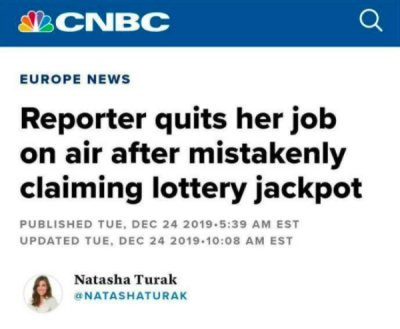 paper - Cnbc Europe News Reporter quits her job on air after mistakenly claiming lottery jackpot Published Tue, . Est Updated Tue, Est Natasha Turak Natashaturak