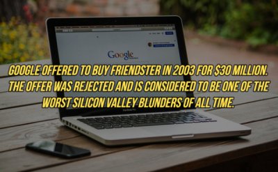 Google Google Offered To Buy Friendster In 2003 For $30 Million. The Offer Was Rejected And Is Considered To Be One Of The Worst Silicon Valley Blunders Of All Time.