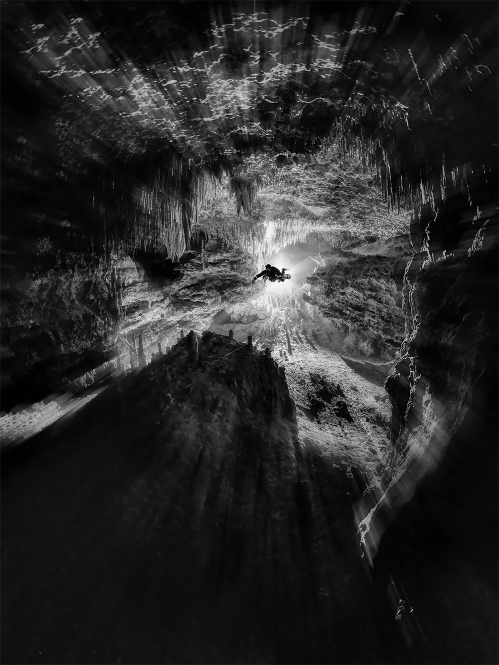 Black & white category runner-up. Time Travel by Martin Broen (US), taken in Cenote Chan Hol (Little Hole), Mexico.