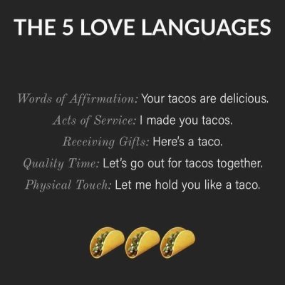 taco tuesday real estate - The 5 Love Languages Words of Affirmation Your tacos are delicious. Acts of Service I made you tacos. Receiving Gifts Here's a taco. Quality Time Let's go out for tacos together. Physical Touch Let me hold you a taco.