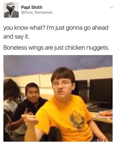 don t really care that you broke your elbow - Papi Sloth you know what? I'm just gonna go ahead and say it. Boneless wings are just chicken nuggets.