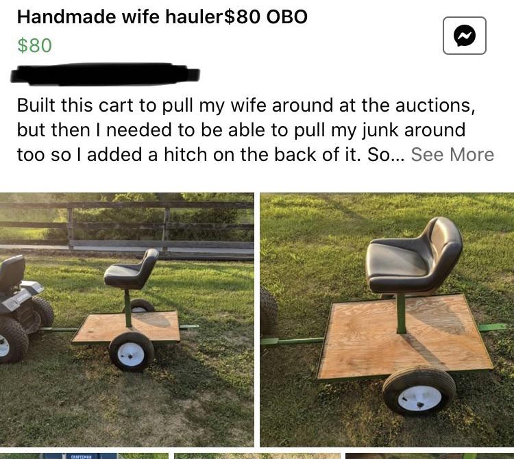 lawn - Handmade wife hauler$80 Obo $80 Built this cart to pull my wife around at the auctions, but then I needed to be able to pull my junk around too so I added a hitch on the back of it. So... See More Cester