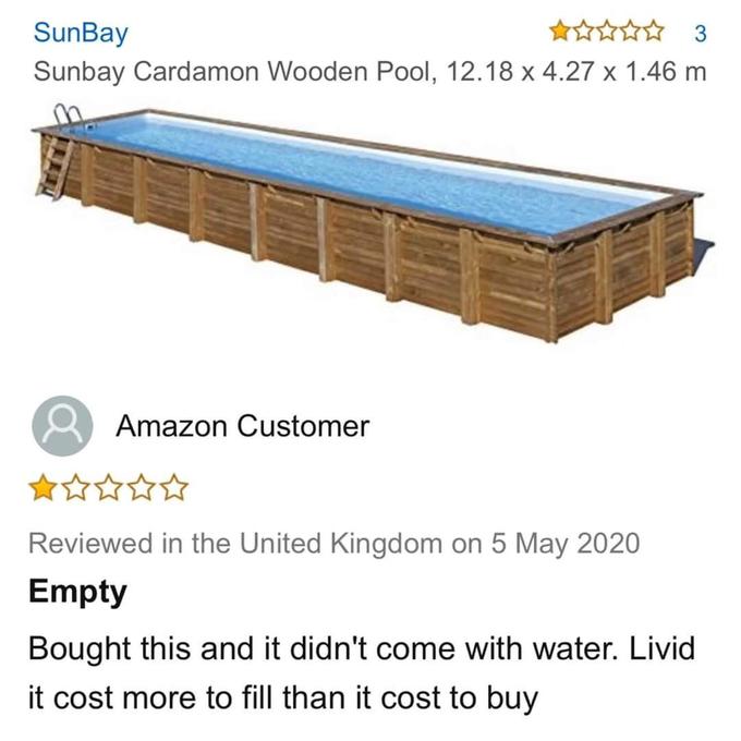 amazon sunbay cardamon wooden pool - SunBay 3 Sunbay Cardamon Wooden Pool, 12.18 x 4.27 x 1.46 m Amazon Customer Reviewed in the United Kingdom on Empty Bought this and it didn't come with water. Livid it cost more to fill than it cost to buy