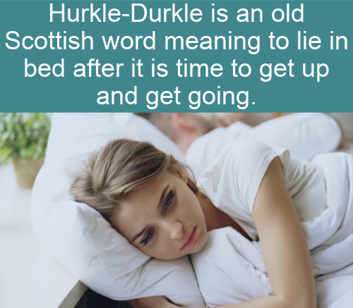 HurkleDurkle is an old Scottish word meaning to lie in bed after it is time to get up and get going.