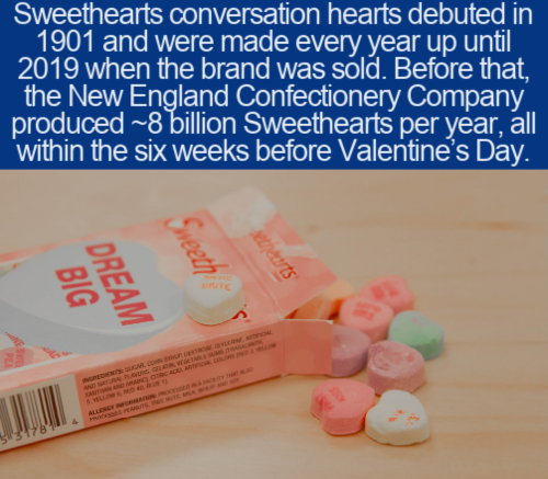 confectionery - Sweethearts conversation hearts debuted in 1901 and were made every year up until 2019 when the brand was sold. Before that, the New England Confectionery Company produced ~8 billion Sweethearts per year, all within the six weeks before Va