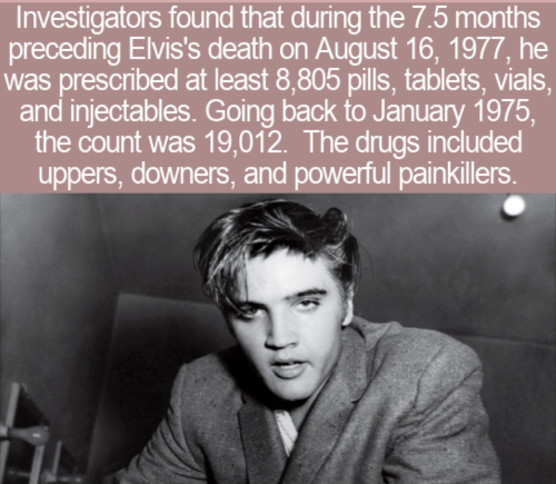 album cover - Investigators found that during the 7.5 months preceding Elvis's death on , he was prescribed at least 8,805 pills, tablets, vials, and injectables. Going back to , the count was 19,012. The drugs included uppers, downers, and powerful paink
