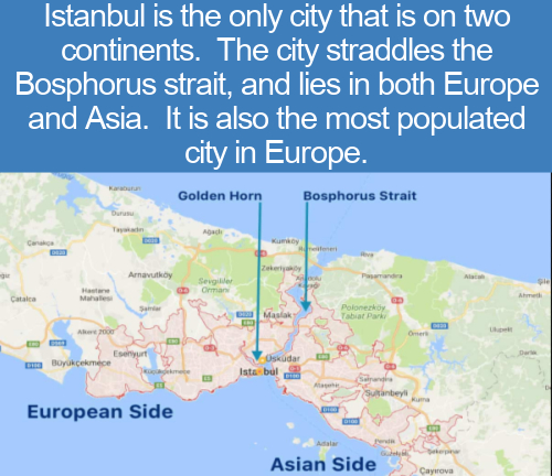 map - Istanbul is the only city that is on two continents. The city straddles the Bosphorus strait, and lies in both Europe and Asia. It is also the most populated city in Europe. Golden Horn Bosphorus Strait Cara Zekery Arnavutky Sevgililer Orman Ahmet C