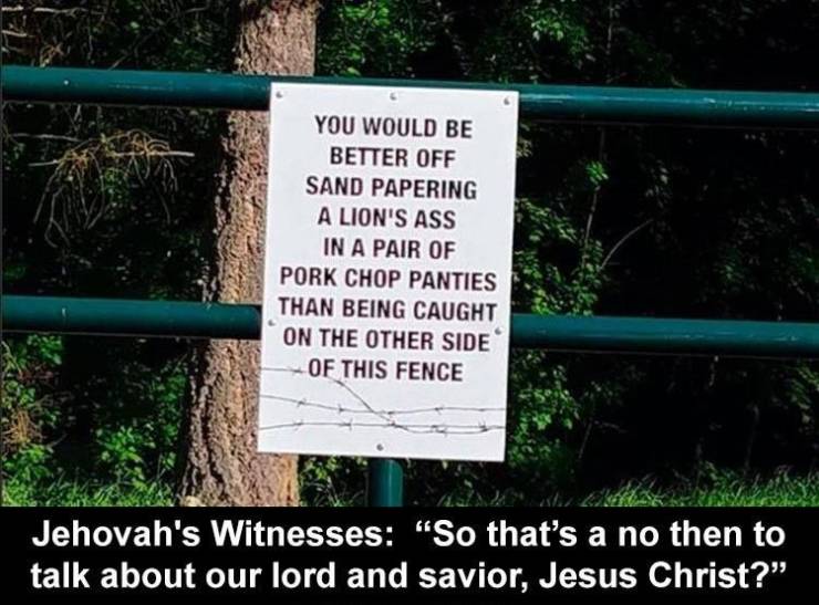 nature - You Would Be Better Off Sand Papering A Lion'S Ass In A Pair Of Pork Chop Panties Than Being Caught On The Other Side Of This Fence Jehovah's Witnesses "So that's a no then to talk about our lord and savior, Jesus Christ?"