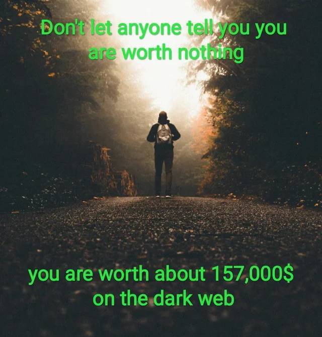 morning - Don't let anyone tell you you are worth nothing you are worth about 157,000$ on the dark web