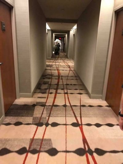 “It looks like the hotel cart ran someone over and is tracking their blood through the halls.”