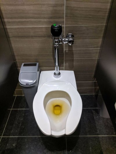 “My office’s cleaners use a yellow product to sanitize the toilets. Makes it look like someone forgot to flush.”