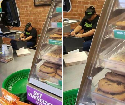 "Subway employee picking her feet behind the counter. How fresh."