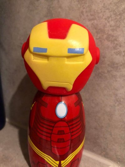Iron man’s eyes on my son's shampoo.