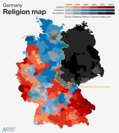 religious divide germany - Germany Religion map 33,3 >40% 50% 60% 70% 80% Catholic Protestant None Other Source Statistical Offices of German States 2011 Old West Germany Erdy Taps