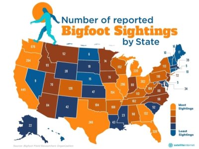 united states of america map 4 - colorful usa - Number of reported Bigfoot Sightings by State 1 93 10 21 15 10 23 125 104 154 81 91 84 104 52 Most Sightings 22 Least Sightings