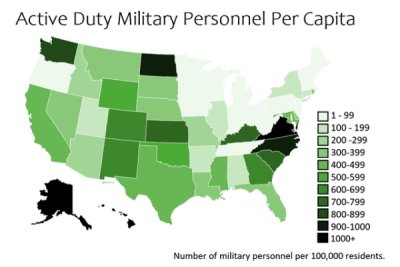 united states of america map 5 - colorful usa - Active Duty Military Personnel Per Capita 1199 100 199 200299 300399 400499 500599 600699 700799 800899 9001000 1000 Number of military personnel per 100,000 residents.