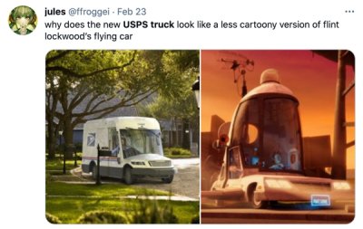 new postal truck - jules. Feb 23 why does the new Usps truck look a less cartoony version of flint lockwood's flying car