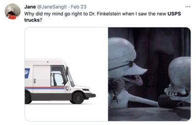 van - Jane Jane Sanglt. Feb 23 Why did my mind go right to Dr. Finkelstein when I saw the new Usps trucks?