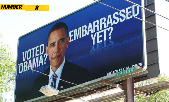 Unhappy with the health care bill and how things were done in the White House, Ellis Miller from Texas made this Obama billboard to use his freedom of speech and show his disappointment.