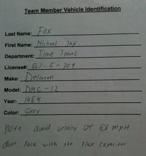 Michael J Fox's parking pass info.
