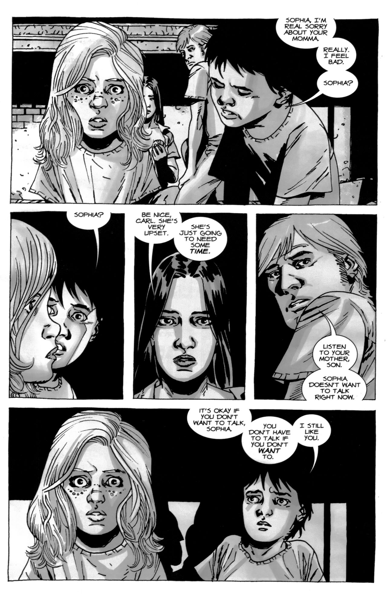 comics - Sophia, I'M Real Sorry About Your Momma Really. I Feel Bad. Sophia? Sophia? Be Nice, Carl. She'S Very She'S Upset. Just Going To Need Some Time. Listen To Your Mother, Son. Sophia Doesn'T Want To Talk Right Now. It'S Okay If You Don'T Want To Tal