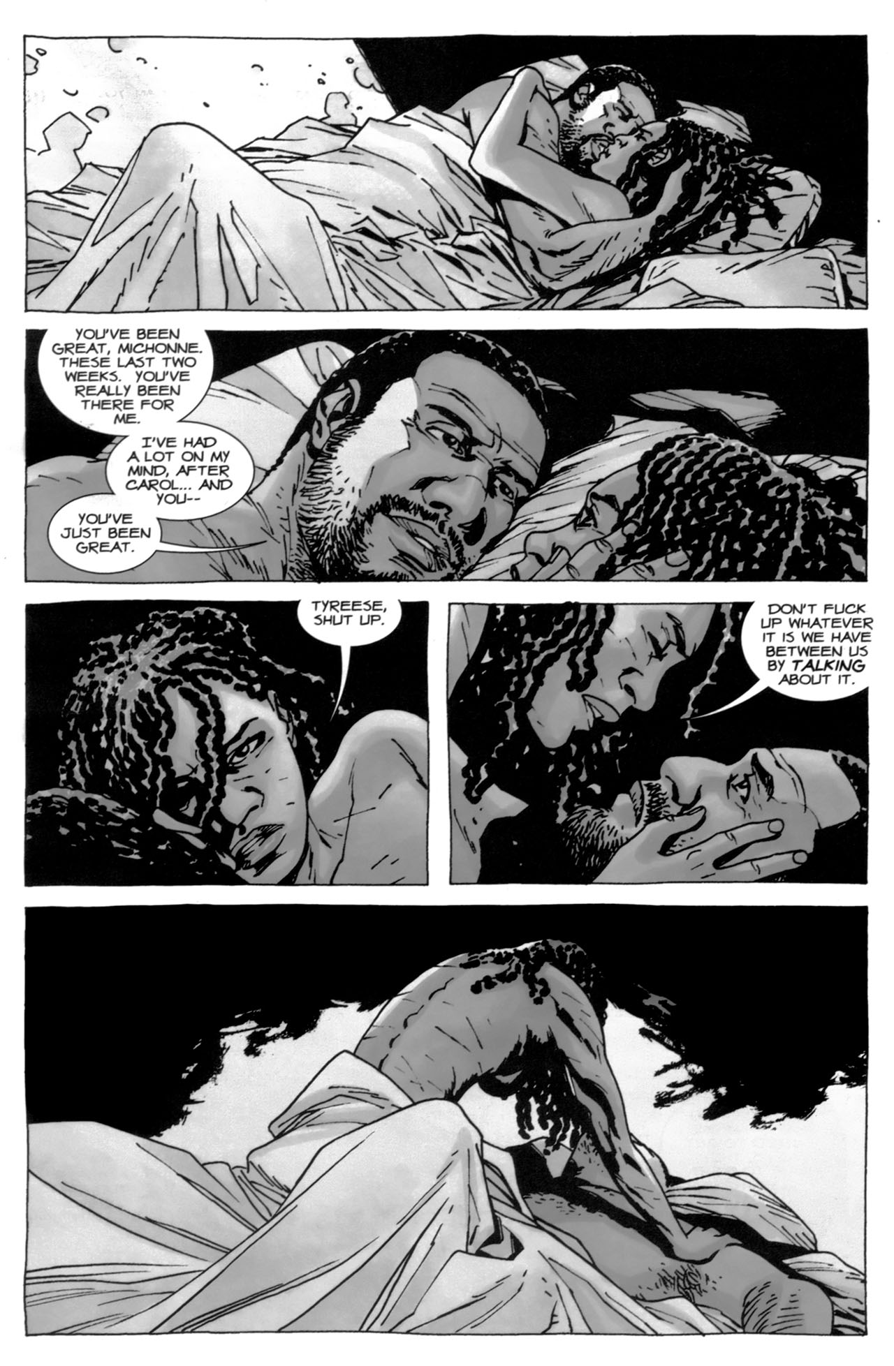 cartoon - You'Ve Been Great, Michonne, These Last Two Weeks. You'Ve Really Been There For Me. I'Ve Had A Lot On My Mnd, After Carol... And You You'Ve Just Been Great. Tyreese, Shut Up Don'T Fuck Up Whatever It Is We Have Between Us By Talking About It.
