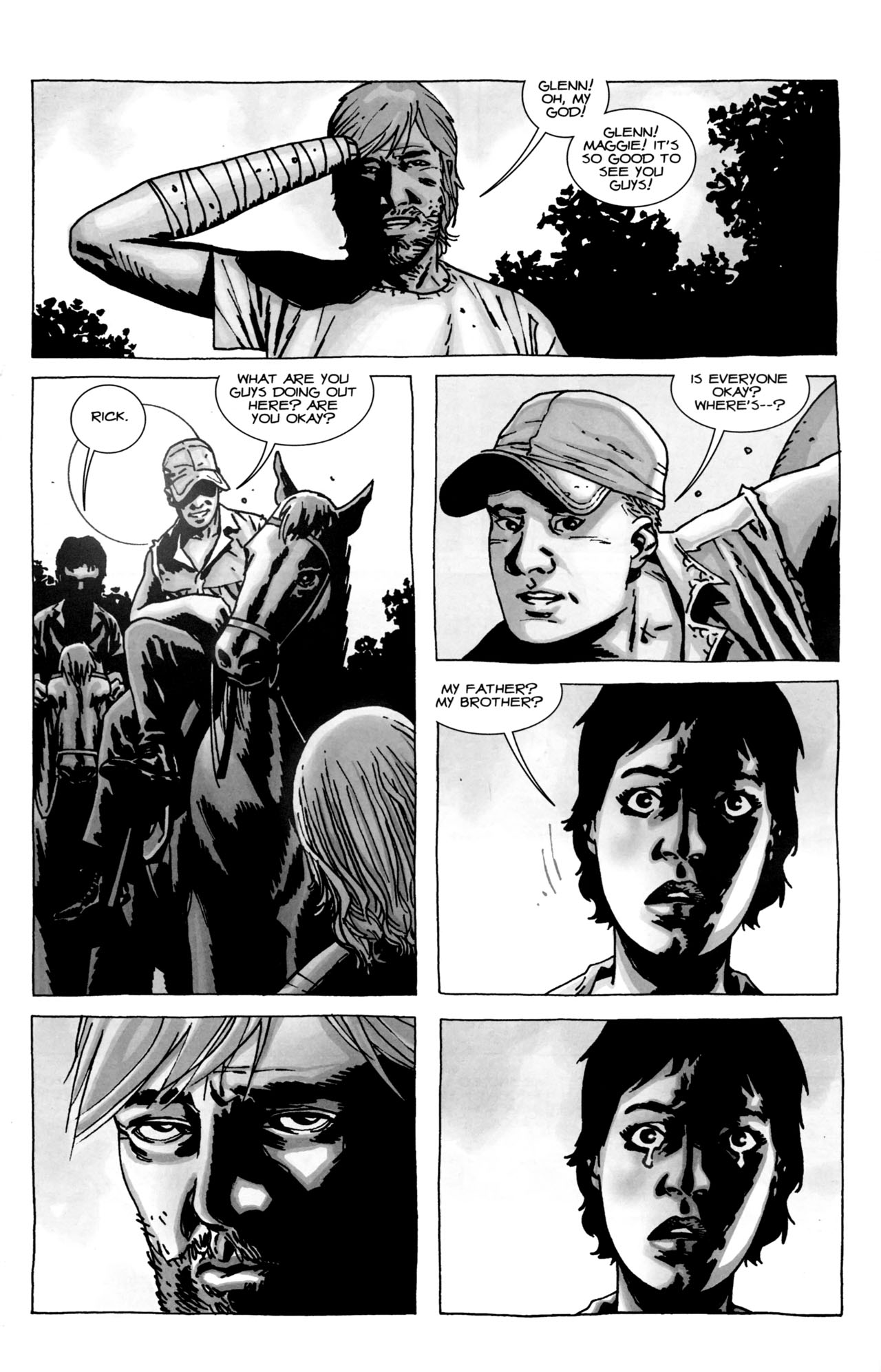 cartoon - Glenn! Oh, My God! Glenn! Maggie! It'S So Good To See You Guys! What Are You Guys Doing Out Here? Are You Okay? Is Everyone Okay? Where'S? Rick. My Father? My Brother?