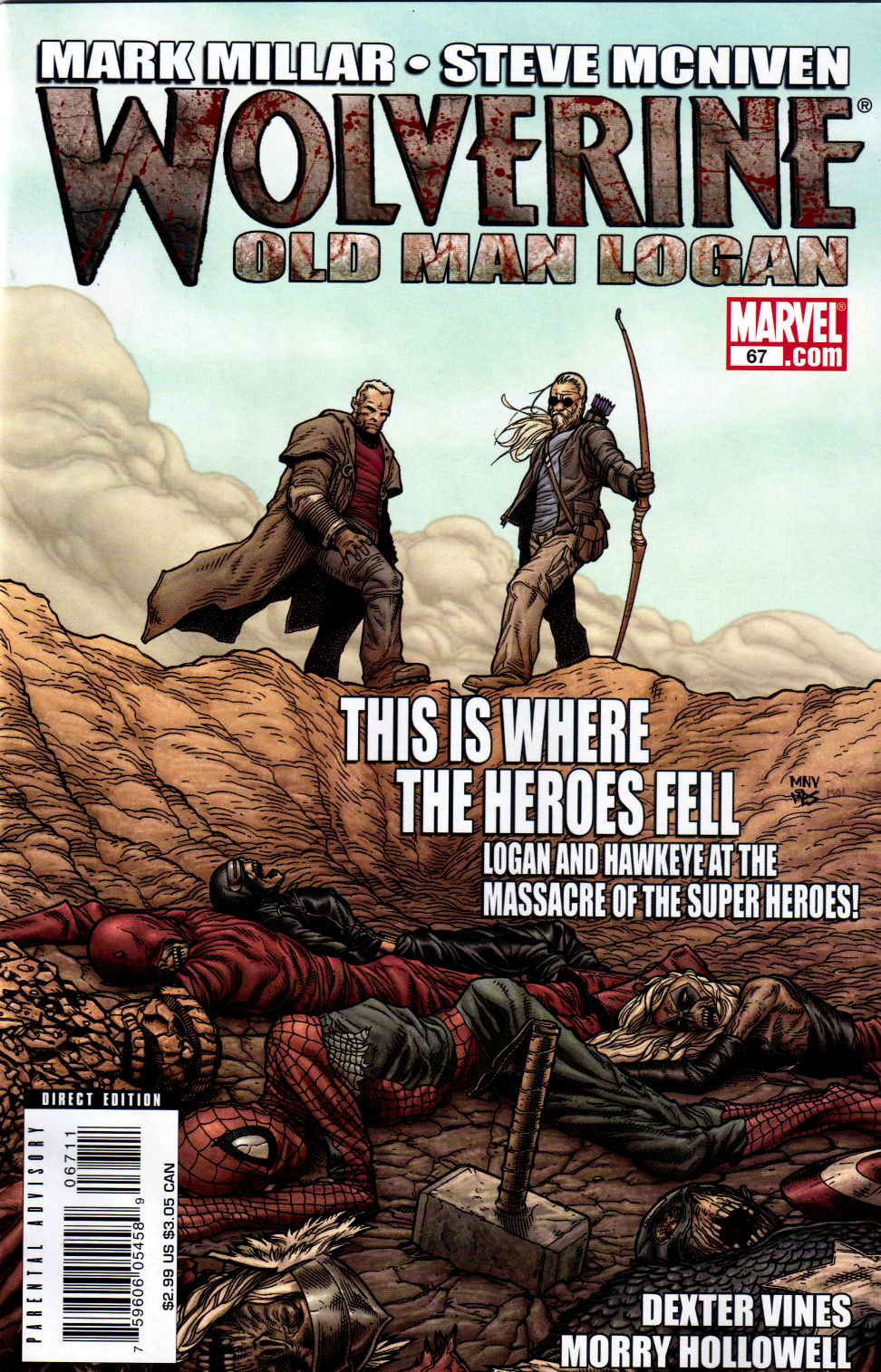 old man logan 67 - Mark Millar Steve Mcniven Wolverine Marvel Old Man Logan 67 .com This Is Where The Heroes Fell Logan And Hawkeye At The _MASSACRE Of The Super Heroes! Direct Edition 06711 Hosilot Minit 71159606054581 g $2.99 Us $3.05 Can Dexter Vines M
