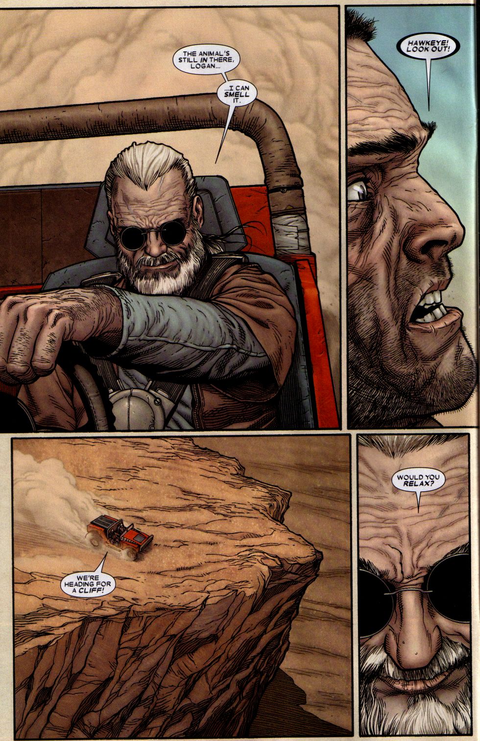 old man logan hawkeye - Hawkeye! Look Out The Animal'S Still In There, Logan... I Can Smell It. We'Re Heading For A Cliff!