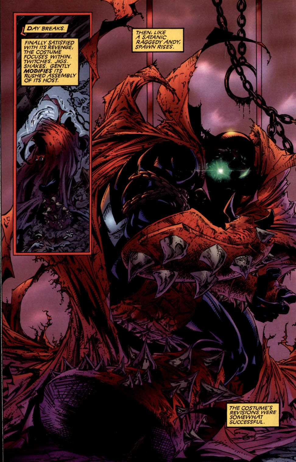 spawn comics pages - Day Breaks. Then, A Satanic Raggedy Andy, Spawn Rises. Bodog Finally Satisfied With Its Revenge The Costume Focuses Within. Twitches. Jigs. Shakes. Gently Modifies Its Rushed Assembly Of Its Host 17 The Costume'S Revisions Were Somewh