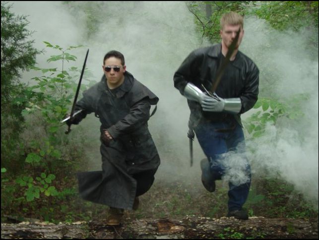 Just two cool dudes running through the forest with swords...don't fuck with us
