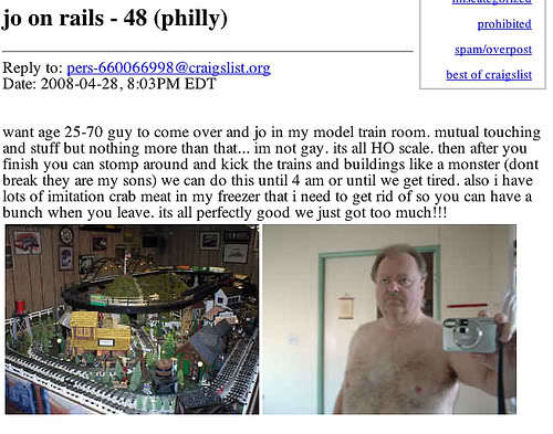 craigslist train crab meat - jo on rails 48 philly prohibited spam overpost to pers660066998.org Date , Pm Edt best of craigslist want age 2570 guy to come over and jo in my model train room. mutual touching and stuff but nothing more than that... im not 