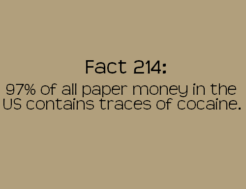 Fact 214 97% of all paper money in the Us contains traces of cocaine.